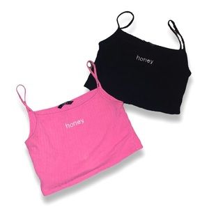 Bundle Deal 💕 2 Y2K Honey Ribbed Spaghetti Strap Crop Tops - pink black